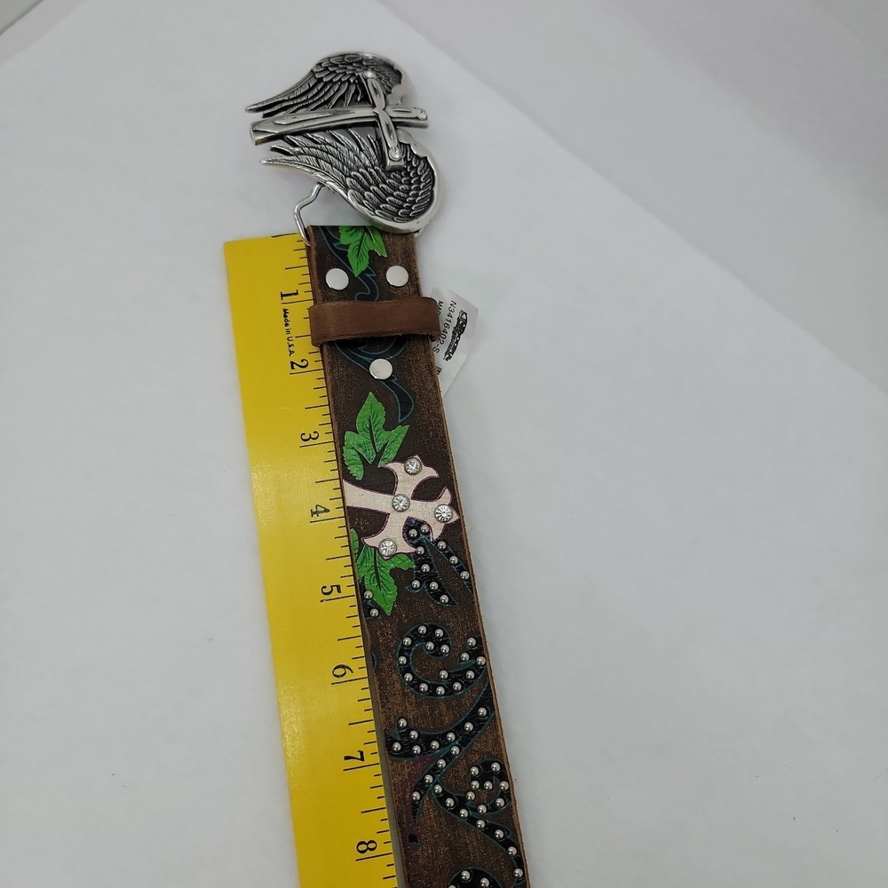 NOCONA Rhinestone Belt Wing Cross Buckle Silver Studs Tool Leather Western Sz S - Picture 10 of 12